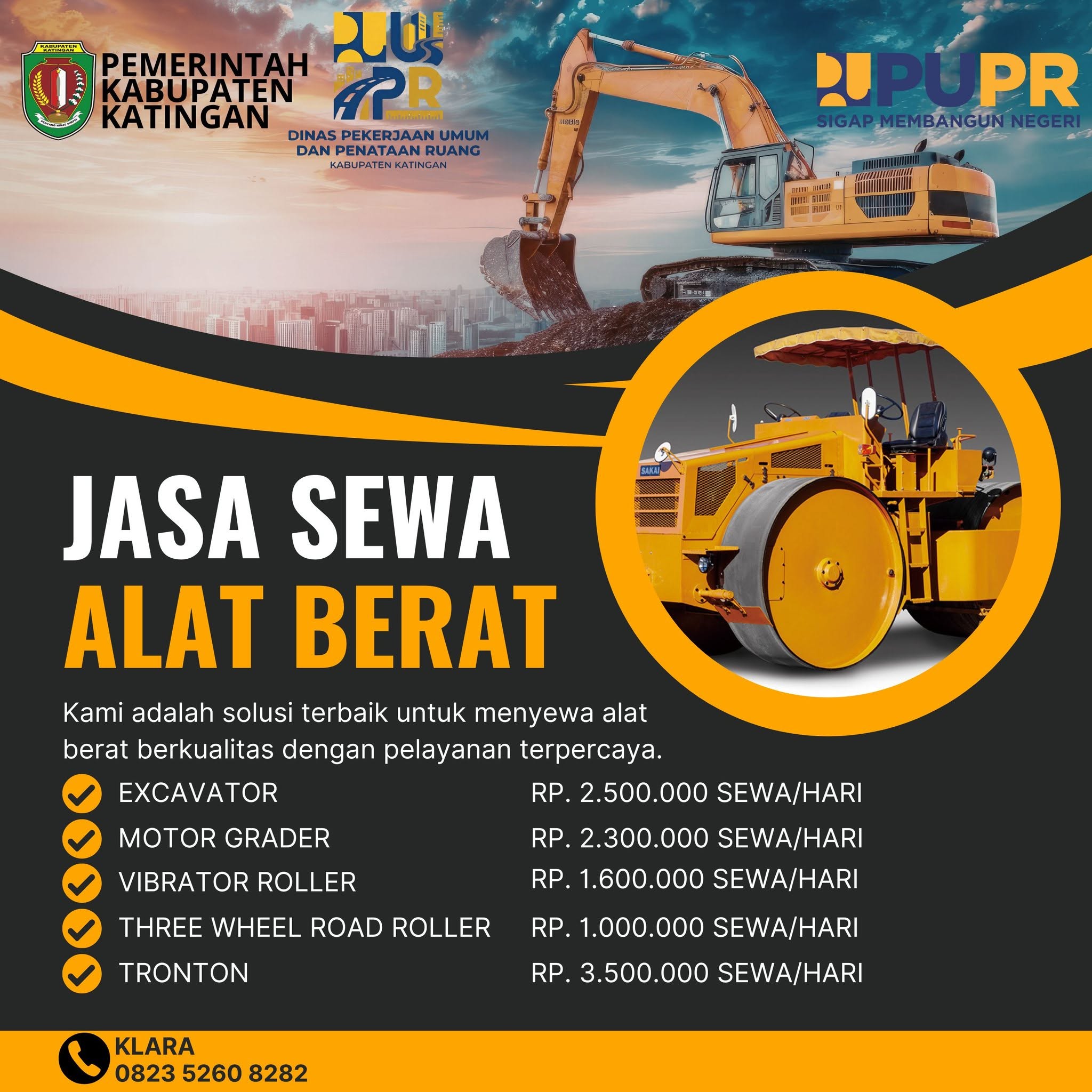 Daftar Harga Sewa alat berat di Dinas Pekerjaan Umum dan Penataan Ruang Kabupaten Katingan